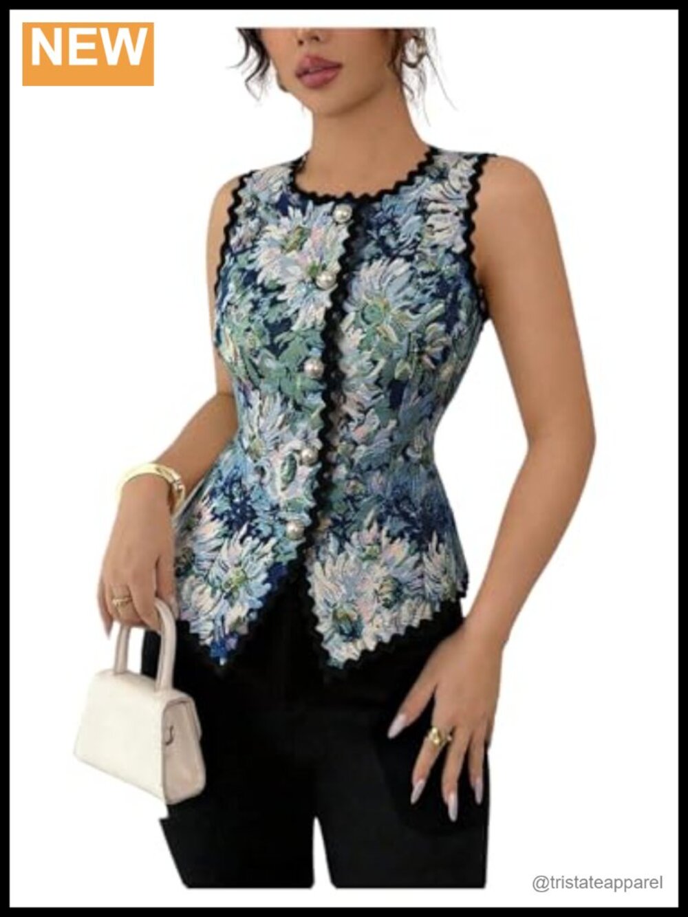 Women's Sleeveless Floral Tank Top with Button-Down and Scallop Trim Wedding